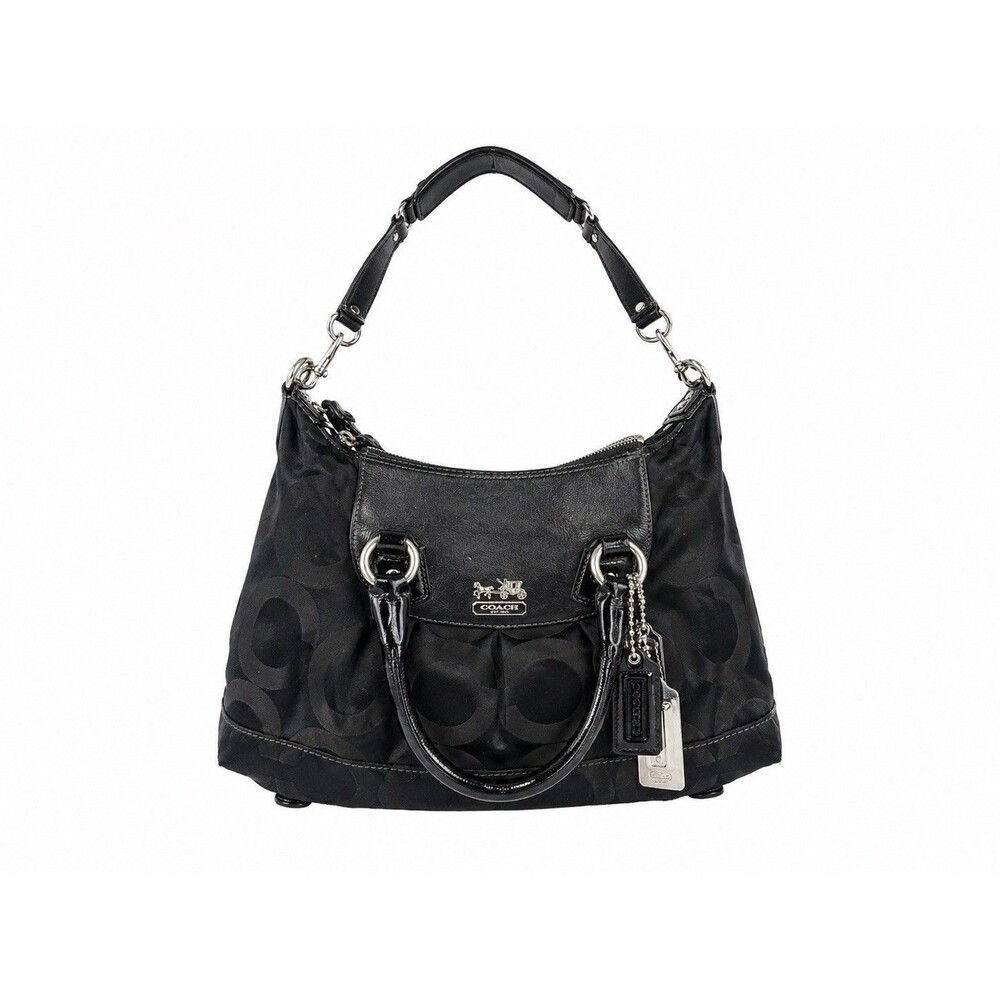Coach Signature Black Jacquard Satchel Shoulder Bag Purse Patent Leather